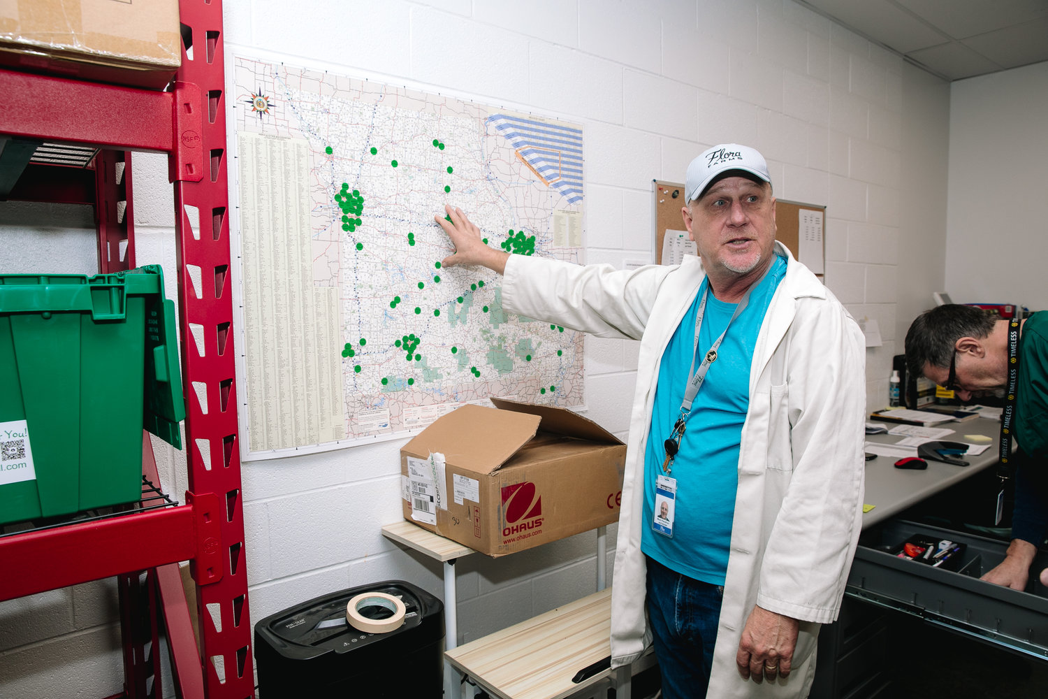 STATEWIDE REACH: Flora Farms President Mark Hendren points out where the company supplies cannabis flower in dispensaries and manufacturing facilities across Missouri.